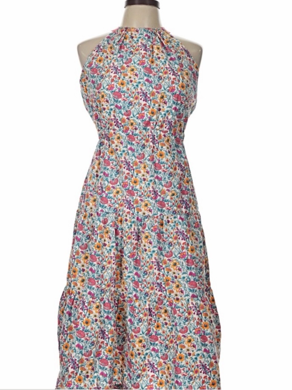 ANTONIO MELANI Floral Halter Midi Dress in White, Pink, Yellow, Teal